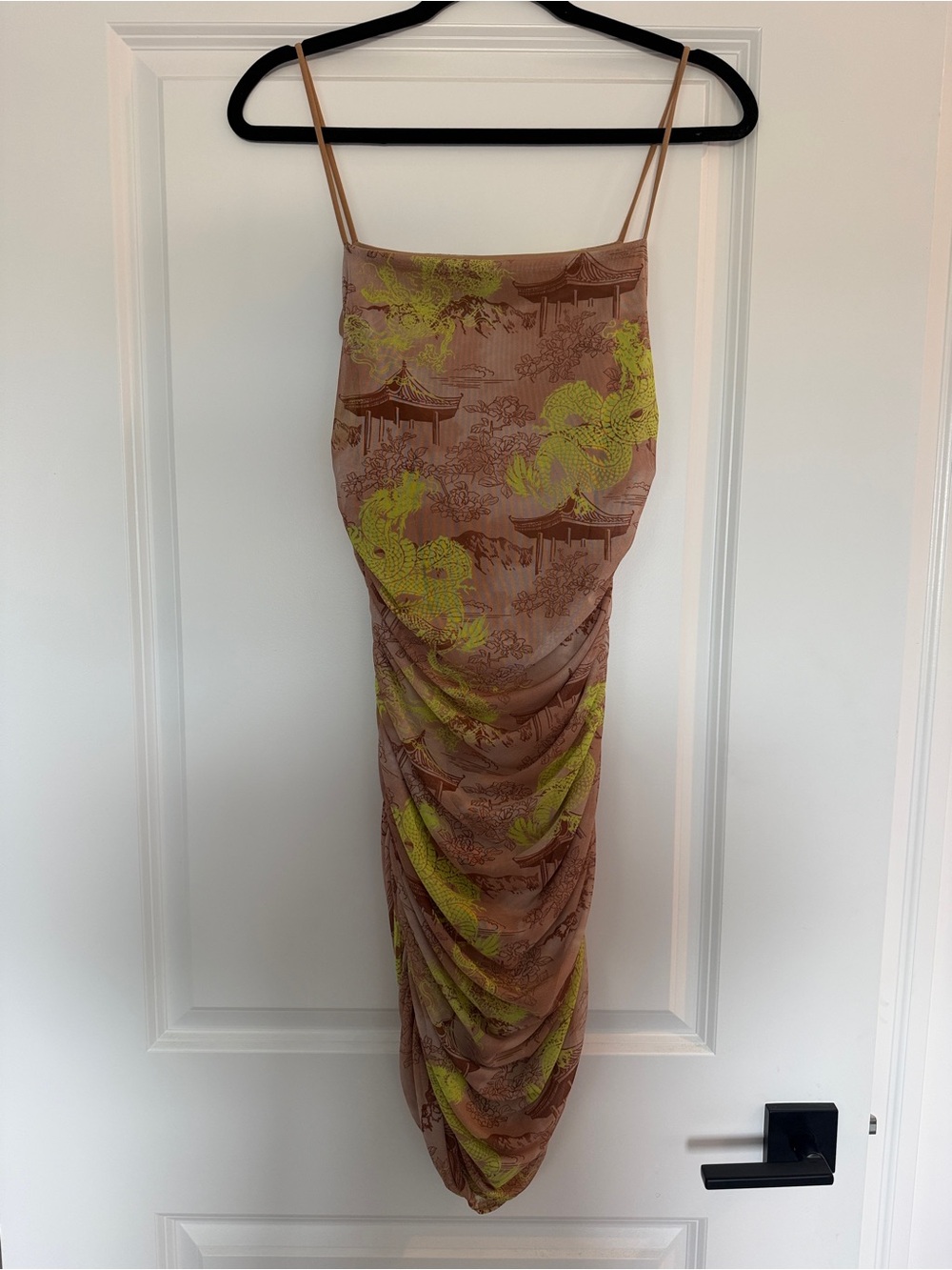 MISSGUIDED Brown Satin Slip Dress with Neon Green Print